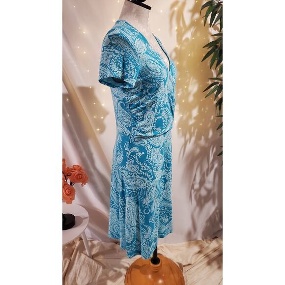 Lands End Paisley Draped Crossover V-Neck Short Sleeve Dress Size M Blue Stretch - Picture 4 of 10